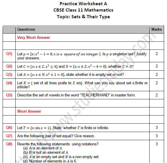Class 11 Set Theory Printable Worksheets Pdf